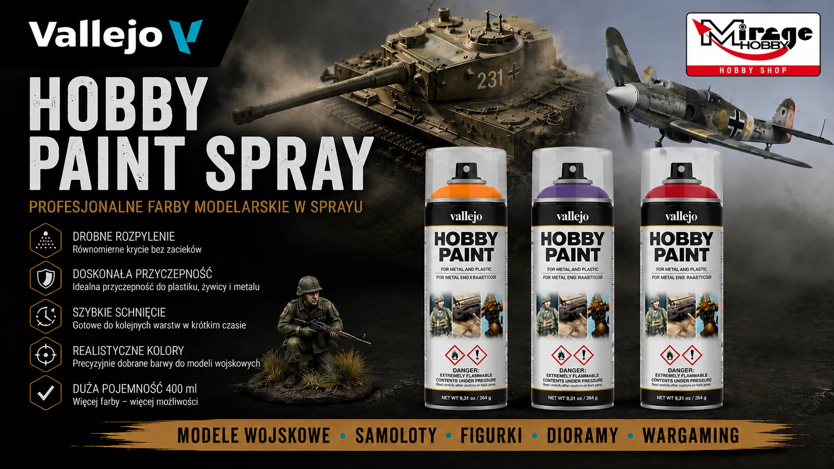 Vallejo Hobby Paint Spray – farby modelarskie w sprayu do modeli, figurek i dioram