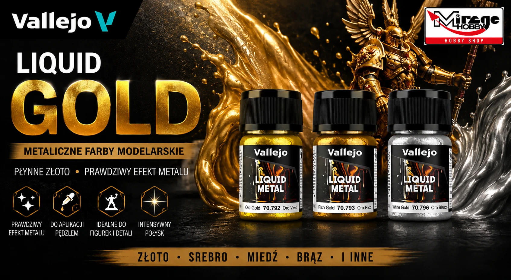 Vallejo Liquid Gold – złote i srebrne metaliczne farby modelarskie do modeli plastikowych i figurek